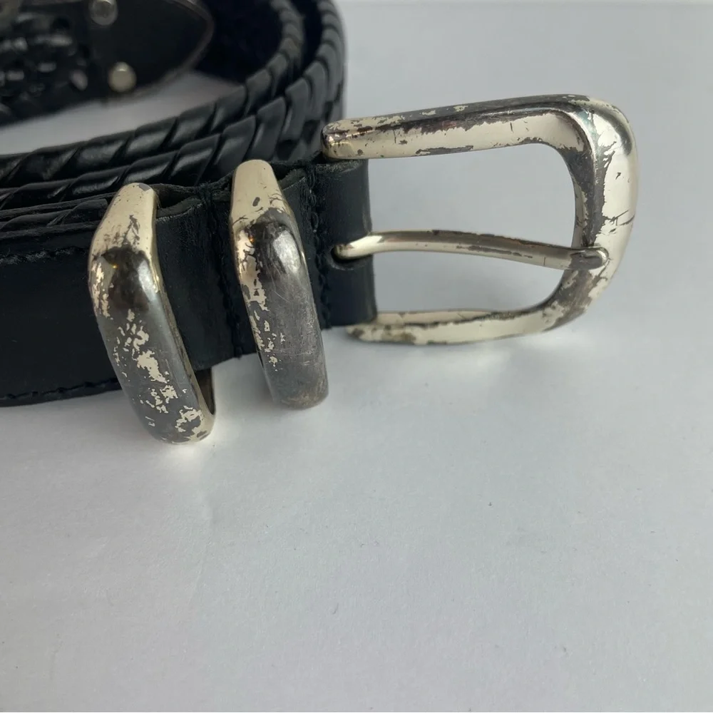 Fossil Black Woven Leather Belt Silver Buckle 36”